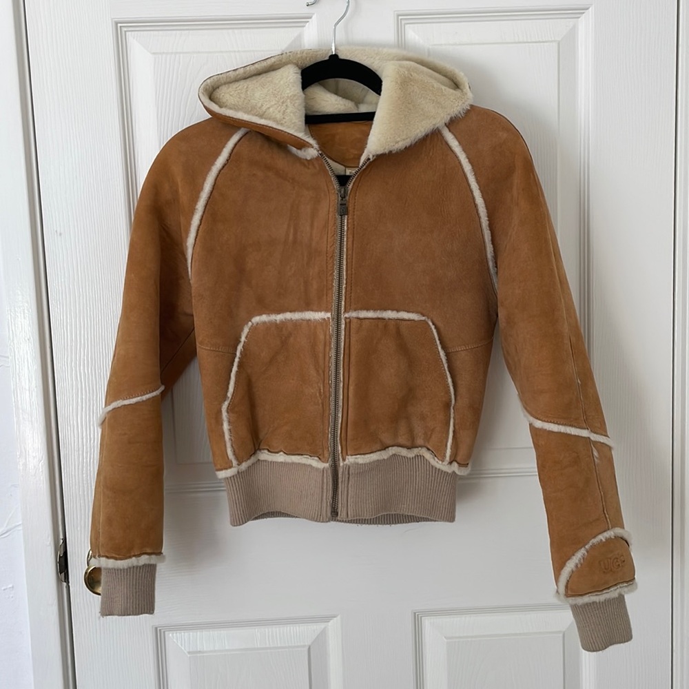 Ugg Genuine Leather Bomber Jacket with Faux Shearling, XS
